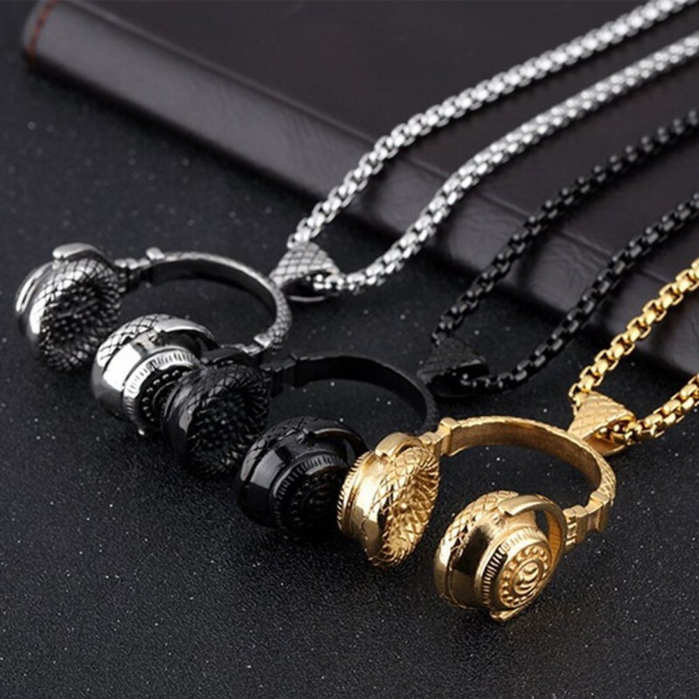 Stainless Steel DJ Music Headphone Pendant Long Chain Hip Hop Rock - Picture 1 of 16